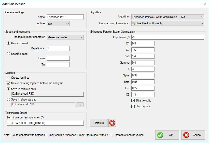 enhanced particle swarm optimization xloptimizer options step 1