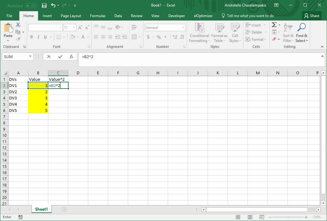 Microsoft Excel Sphere Function spreadsheet before setting up the objective function